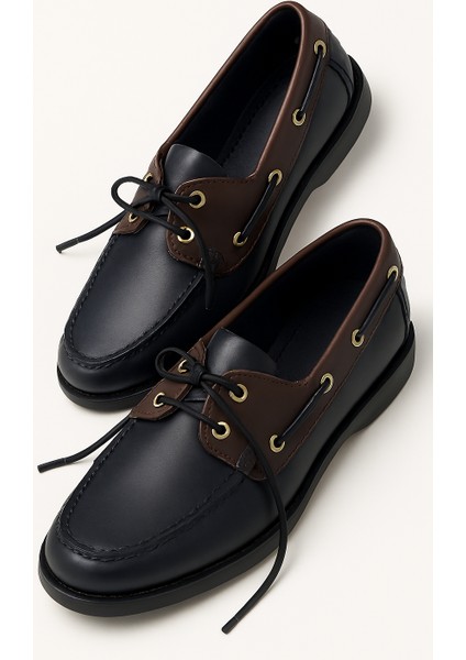 GR0190 Hakiki Deri Çift Renk Siyah Bordo Deri Bağcık Koku Yapmaz Ayakkabı