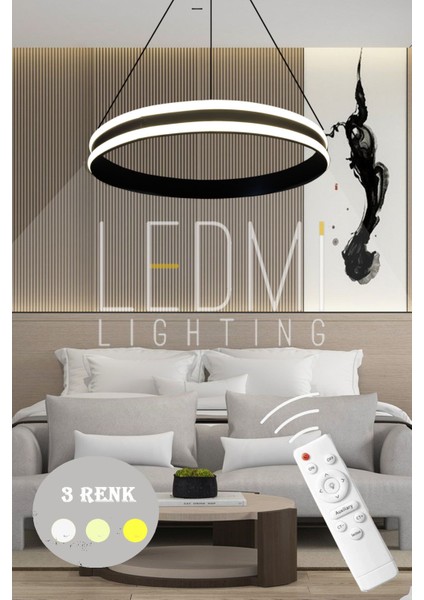 50CM Yuvarlak Siyah LED Avize, 3 Renkli Kumandalı, Modern Salon Aydınlatması