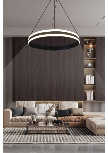 50CM Yuvarlak Siyah LED Avize, 3 Renkli Kumandalı, Modern Salon Aydınlatması fırsatları