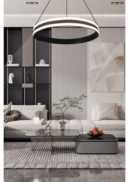 50CM Yuvarlak Siyah LED Avize, 3 Renkli Kumandalı, Modern Salon Aydınlatması