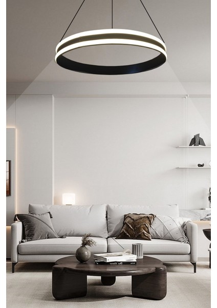 50CM Yuvarlak Siyah LED Avize, 3 Renkli Kumandalı, Modern Salon Aydınlatması