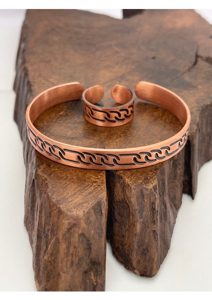 Ayarlanabilir %100 Saf Bakır Bileklik Bakır Yüzük Kombini El Yapımı Bileklik Yüzük