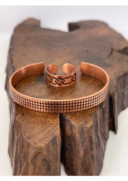 Ayarlanabilir %100 Saf Bakır Bileklik Bakır Yüzük Kombini El Yapımı Bileklik Yüzük