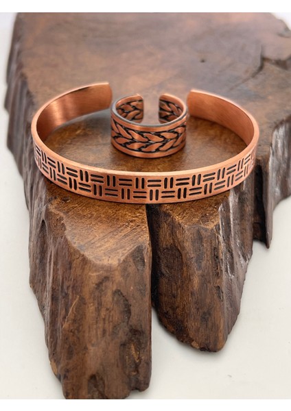 Ayarlanabilir %100 Saf Bakır Bileklik Bakır Yüzük Kombini El Yapımı Bileklik Yüzük