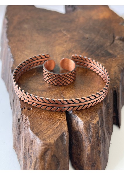 Ayarlanabilir %100 Saf Bakır Bileklik Bakır Yüzük Kombini El Yapımı Bileklik Yüzük