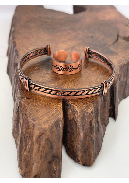 Ayarlanabilir %100 Saf Bakır Bileklik Bakır Yüzük Kombini El Yapımı Bileklik Yüzük