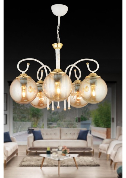 Şık 5'li Bal Glop Camlı Aşağı Bakan Lüks Avize, Modern ve Zarif Tasarım