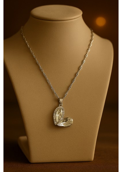 Zirkon Taşlı Gümüş Renk Zincir Kolye – Damla Kesim Tasarım, Zarif Kadın Takı