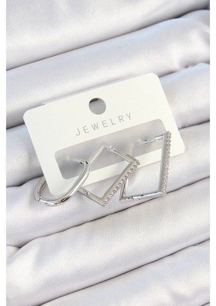 Pirinç Zirkon Taşlı Dikdörtgen Model Gümüş Renk 3'lü Çift Kadın Küpe Set