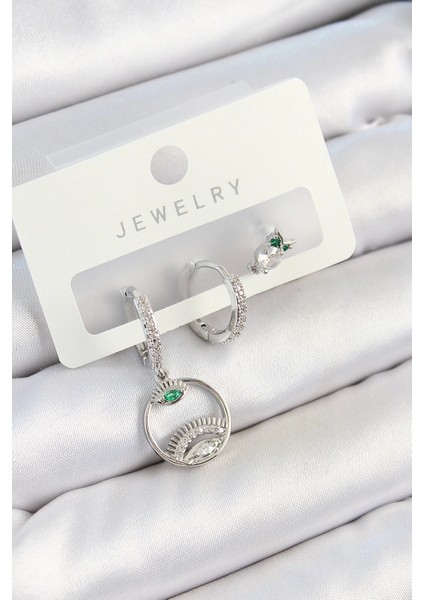 Pirinç Zirkon Taşlı Göz ve Baykuş Model Gümüş Renk 3'lü Çift Kadın Küpe Set