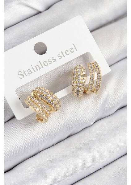 Pirinç Zirkon Taşlı Kıvrımlı Model Gold Renk Kadın Küpe