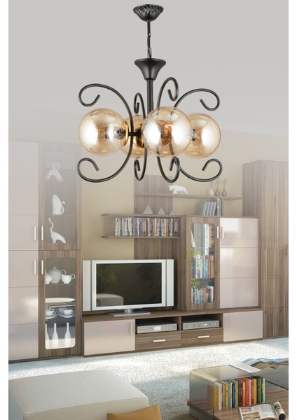 Menekşe Siyah 4'lü Bal Glop Camlı Şık Modern Avize