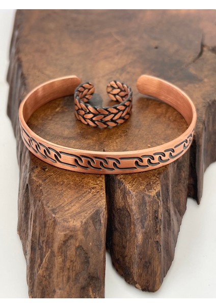 Ayarlanabilir %100 Saf Bakır Bileklik Bakır Yüzük Kombini El Yapımı Bileklik Yüzük