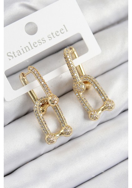 Pirinç Zirkon Taşlı Tifany Model Gold Renk Kadın Küpe