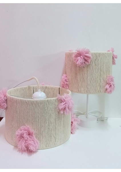 Ekru Makrome Ip Sargılı Ponponlu Bebek ve Çocuk Odası Avize ve Abajur Seti