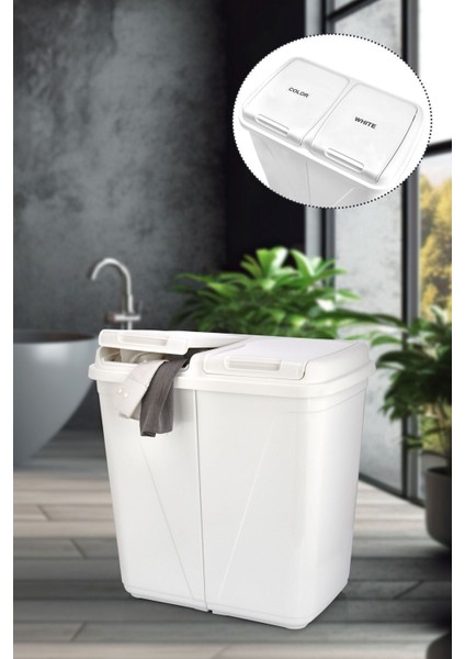 Iki Bölmeli 90 Litre Büyük Çamaşır Sepeti, Beyaz Renkli, Pratik ve Şık Tasarım