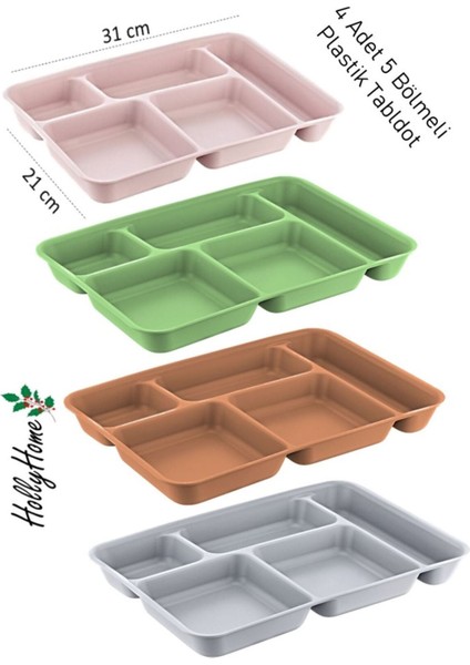 4'lü 5 Bölmeli Renkli Plastik Tablo, Kahvaltı, Piknik, Yemek, Servis, 21X31X3,3 cm