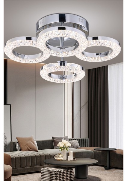 Parlak 4'lü Krom LED Tavan Aydınlatması, Kristalli Modern Dekorasyon Parıltısı