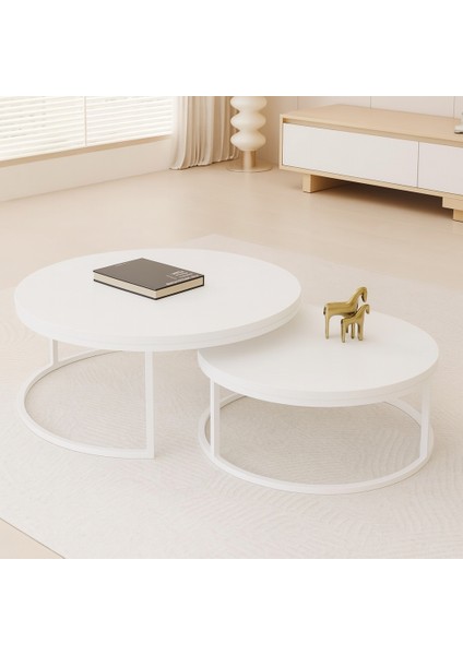 Ikili Orta Sehpa Beyaz Metal Beyaz Üst Panel