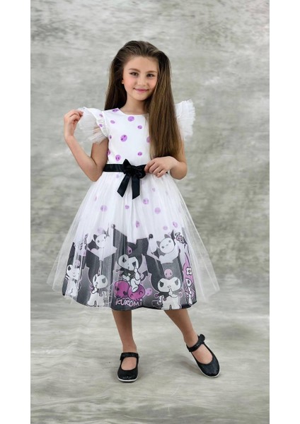 Kız Çocuk Detaylı Desenli Tüllü Elbise