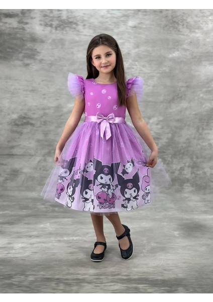 Kız Çocuk Detaylı Desenli Tüllü Elbise