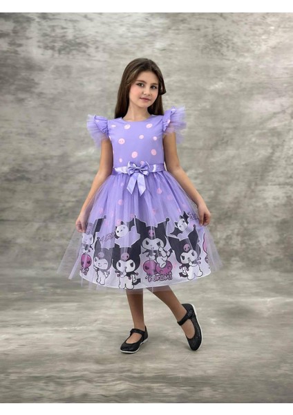Kız Çocuk Detaylı Desenli Tüllü Elbise