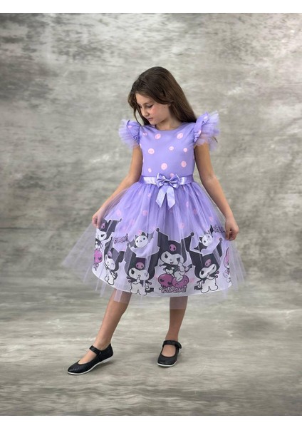 Kız Çocuk Detaylı Desenli Tüllü Elbise