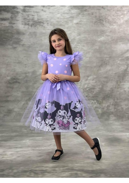 Kız Çocuk Detaylı Desenli Tüllü Elbise