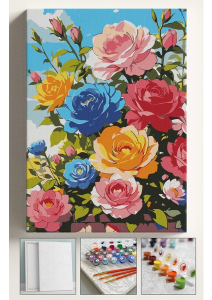 Sayılarla Boyama Çerçeveli Hobi Seti Numaralı Tuval Fırça Boya Dahil Kasnaklı 40X50 cm Güller