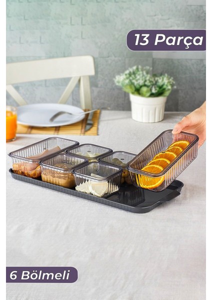 6 Kişilik 13 Parça Bölmeli Kapaklı Kahvaltı Takımı ve Saklama Kabı Seti modelleri