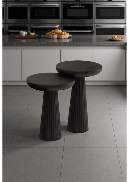 Üst Kalite 2'li Çizgili Fitilli Mantar Yan Sehpa (Büyük ve Orta Boy) – Siyah