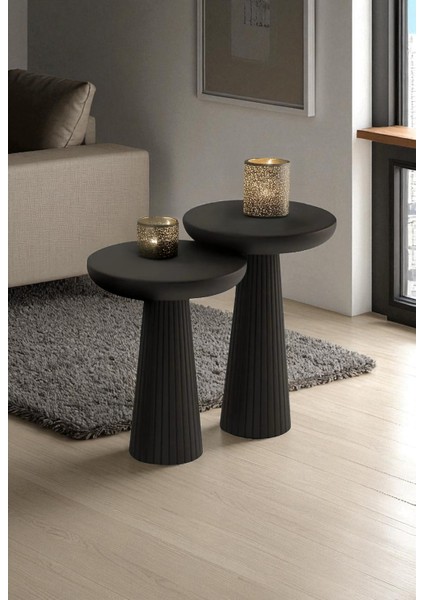 Üst Kalite 2'li Çizgili Fitilli Mantar Yan Sehpa (Büyük ve Orta Boy) – Siyah fiyatları