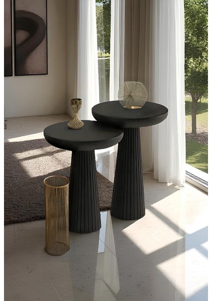 Üst Kalite 2'li Çizgili Fitilli Mantar Yan Sehpa (Büyük ve Orta Boy) – Siyah modelleri