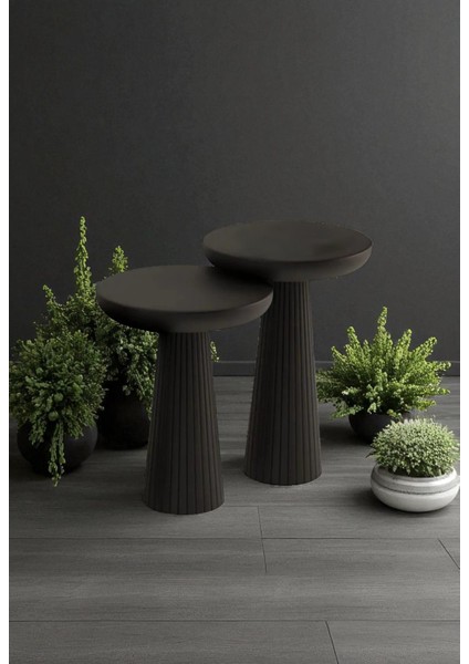 Üst Kalite 2'li Çizgili Fitilli Mantar Yan Sehpa (Büyük ve Orta Boy) – Siyah