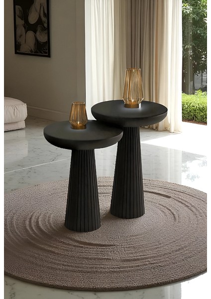 Üst Kalite 2'li Çizgili Fitilli Mantar Yan Sehpa (Büyük ve Orta Boy) – Siyah