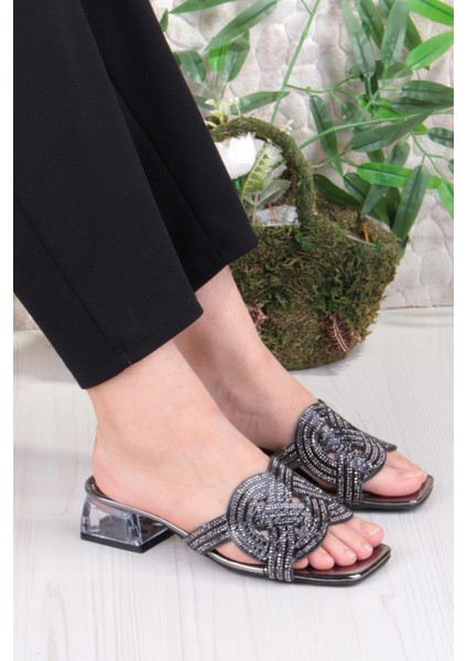 Ares 1698 Siyah Taşlı Günlük Giyim Abiye Şeffaf Topuk Kadın Terlik