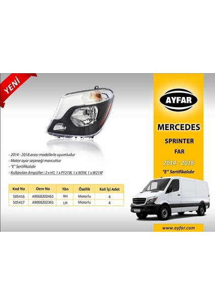 -505416 - Far Motorlu Sağ Mercedes Sprinter ( 2014-2018)