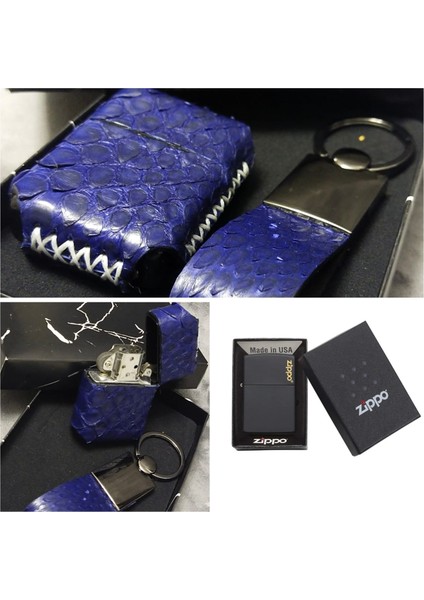 % 100 Yılan (Piton) Derisi, Benzinli Orijinal Zippo Çakmak, Kişiye Özel, Anahtarlık Set