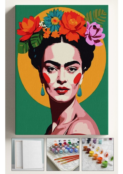 Sayılarla Boyama Çerçeveli Hobi Seti Numaralı Tuval Fırça Boya Dahil Kasnaklı 40X50 cm Kahlo