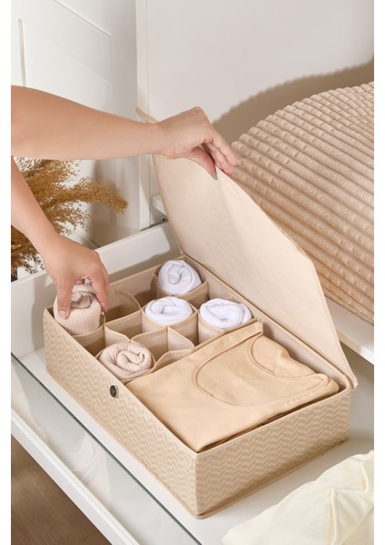 12+1 Bölmeli Kapaklı Katlanabilir Saklama Kutusu, Düzenleyici, Bej