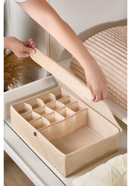 12+1 Bölmeli Kapaklı Katlanabilir Saklama Kutusu, Düzenleyici, Bej