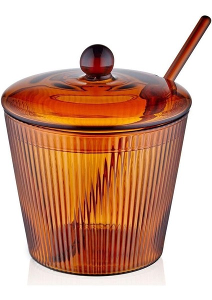 Şık Çizgili Cam Şekerlik, Kaşıklı, Amber, 10X12 Cm, CAM0436 fiyatları