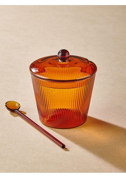 Şık Çizgili Cam Şekerlik, Kaşıklı, Amber, 10X12 Cm, CAM0436 fırsatları