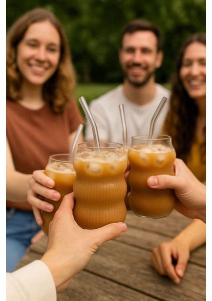 6’lı Cam Buzlu Soğuk Kahve Bardağı Seti, Pipet Hediye, 700 ml