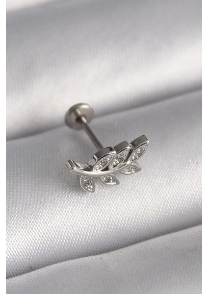 316L Çelik Gümüş Renk Dal Model Zirkon Taş Detaylı Tragus Piercing