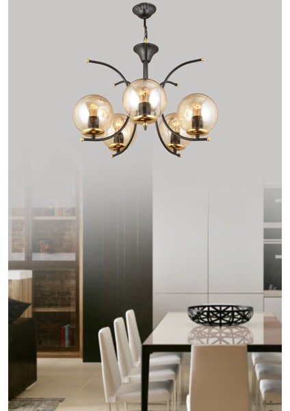 5'li Bal Glop Camlı Siyah Modern Yukarı Bakan Lüks Avize