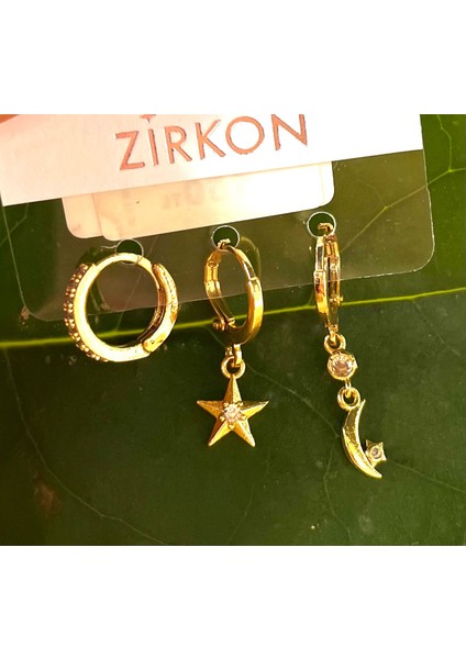 Gold Renk Lüks Gösterişli Figürlü Üçlü Küpe