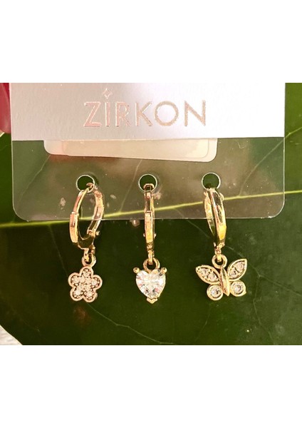 Gold Renk Lüks Gösterişli Figürlü Üçlü Küpe