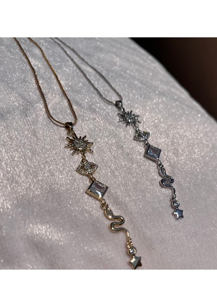 Y Kolye Güneş Yıldız Figür Detaylı Çelik Paslanmaz Zirkon Taşlı Y Kolye