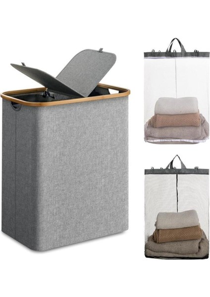 Katlanabilir 100 Lt Bambu Kenarlı Kumaş Çamaşır Sepeti, 54X33X58 Cm, Gri Renk